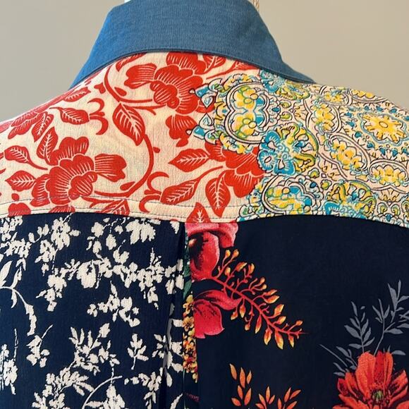 EUC Caleoas Mixed Media‎ Patchwork Drapey Button Down Top Blouse Large L Boho - Picture 10 of 16